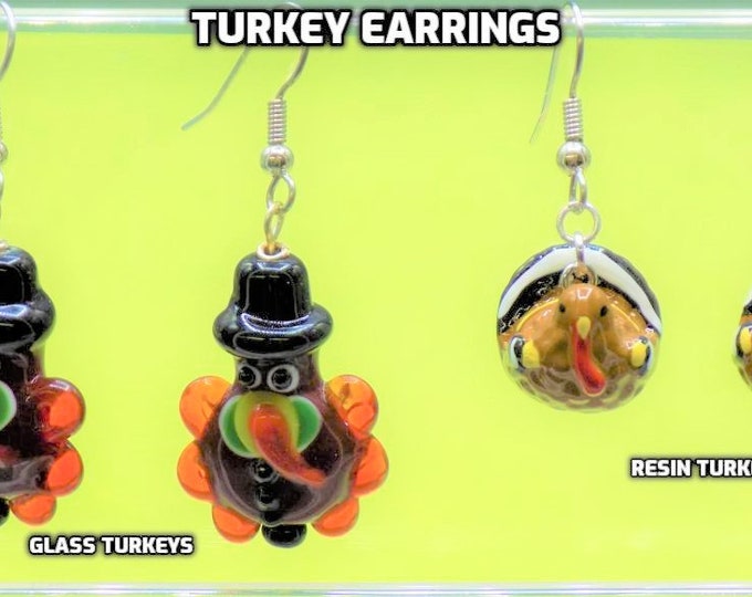 Turkey Earrings - Handmade Lampwork Glass Turkey Earrings -  Handpainted Resin Turkey Earrings-Fun Earrings for Fall & Thanksgiving