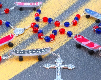 Skateboard Rosary - Czech Glass Red and Blue Beads - Skateboard Father Beads - Ital Our Lady of Fatima Center - Italian Eucharistic Crucifix