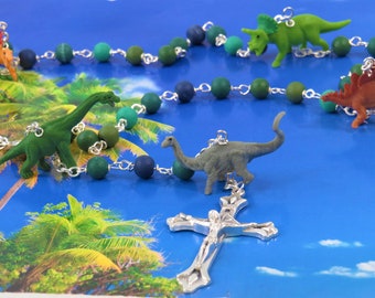 Dinosaur Rosary -  Textured Green & Blue Glass Beads - Hand Painted Dinosaur Beads - Italian St. Francis Center - Italian Sunburst Crucifix