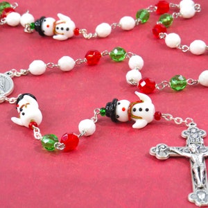 Snowman Rosary - Lamp Work Handmade Snowman Beads - Czech White, Red and Green Glass Beads -Italian Holy Family Center -Eucharistic Crucifix