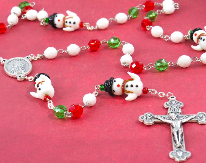 Snowman Rosary - Lamp Work Handmade Snowman Beads - Czech White, Red and Green Glass Beads -Italian Holy Family Center -Eucharistic Crucifix