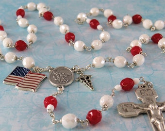 Medical Service Rosary - Czech White and Red 8mm Crystal Beads - ST Michael Center - Choose Medical Charms - Italian Stations Crucifix