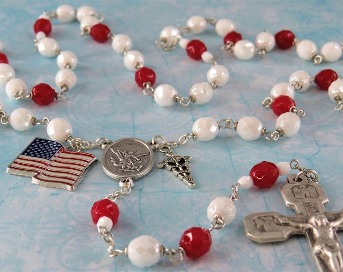 Medical Service Rosary - Czech White and Red 8mm Crystal Beads - ST Michael Center - Choose Medical Charms - Italian Stations Crucifix