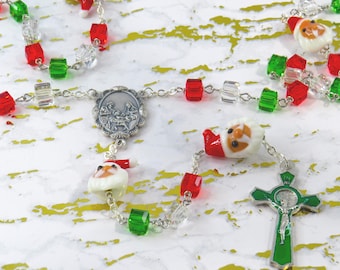 Santa Claus Rosary - Red, Green & Clear 8mm Glass Beads - Santa Claus Lampglass Beads - Holy Family Nativity Center - Green Enamel Crucifix
