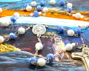 St. Mother Teresa of Calcutta Rosary - Czech Blue and White Beads - St. Mother Teresa Cloth Relic Center - Italian Sorrowful Mother Crucifix