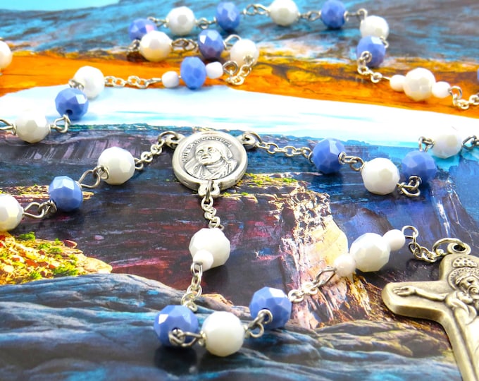 St. Mother Teresa of Calcutta Rosary - Czech Blue and White Beads - St. Mother Teresa Cloth Relic Center - Italian Sorrowful Mother Crucifix