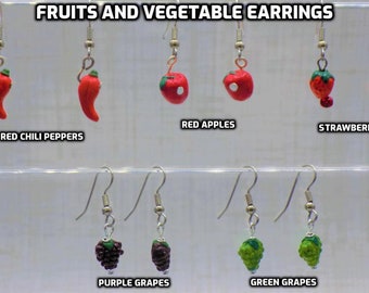 Fruits and Vegetable Earrings - Red Chili Peppers - Red Apples - Strawberries - Purple Grapes - Green Grapes - Hypo Surgical Steel Ear Wires