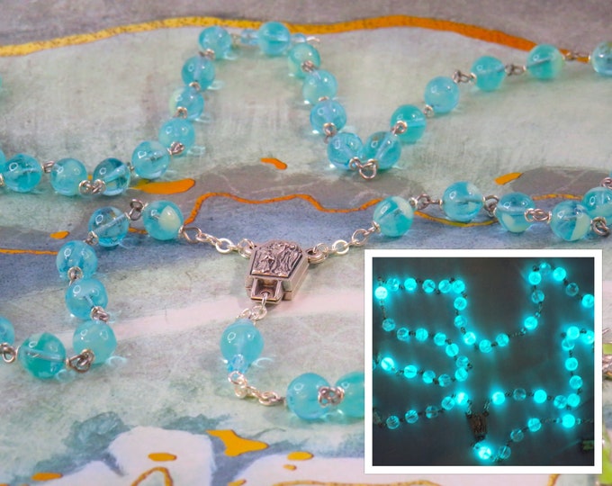 Aqua Czech Glass "Glow in the Dark" Rosary - Czech Aqua Glow in The Dark Glass Beads - Our Lady of Lourdes Water Center - Luminous Crucifix