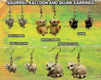 Gray and Brown Squirrels, Raccoons (2 Sizes) & Skunk 3D Earrings