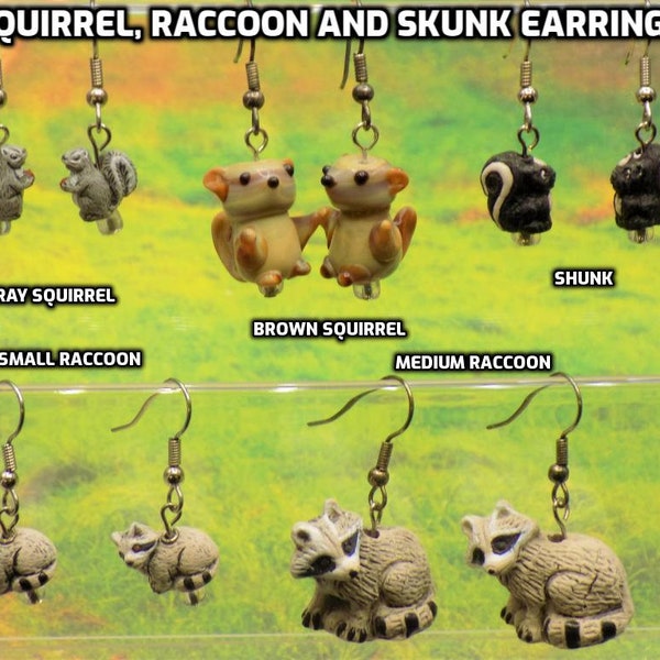 Gray and Brown Squirrels, Raccoons (2 Sizes) & Skunk 3D Earrings