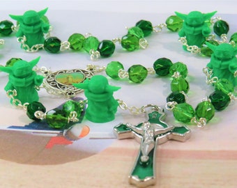 Star Wars Baby Yoda Rosary - Czech Green Crystal Beads - 3D Baby Yoda Father Beads - Colorful Medjugorje Center - St Green Enamel Crucifix