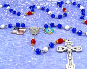 US Coast Guard Military Rosary - Czech Blue, White & Red Crystal Beads - St Michael Center - US Coast Guard Charm -Italian Stations Crucifix