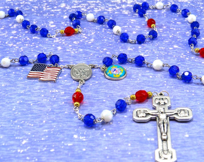 US Coast Guard Military Rosary - Czech Blue, White & Red Crystal Beads - St Michael Center - US Coast Guard Charm -Italian Stations Crucifix