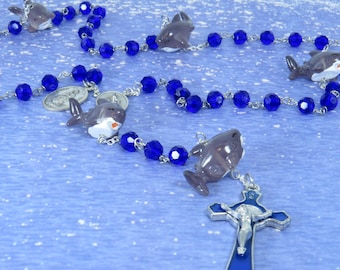 Shark Rosary - Czech Ocean Blue Glass Beads - Shark Father Resin Beads - Italian Sts Francis/Anthony Center - Italian Blue Enamel Crucifix