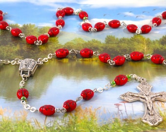 Red Ladybug Rosary - Czech Opaque Red Ladybug Glass Beads - Italian O Lady of Lourdes Water Center - Italian Silver Grapes and Vine Crucifix