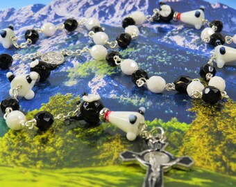 Dog Rosary - Lamp Glass Black & White Dog Beads - Czech White and Black Crystal Beads - Italian St Francis Center  - Black Enamel Crucifix