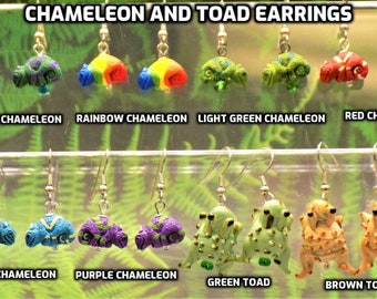 Chameleon and Toad Earrings - Several Colors of Chameleon Peru Ceramic 3D Earrings - Brown or Green Toad Lamp Glass 3D Earrings