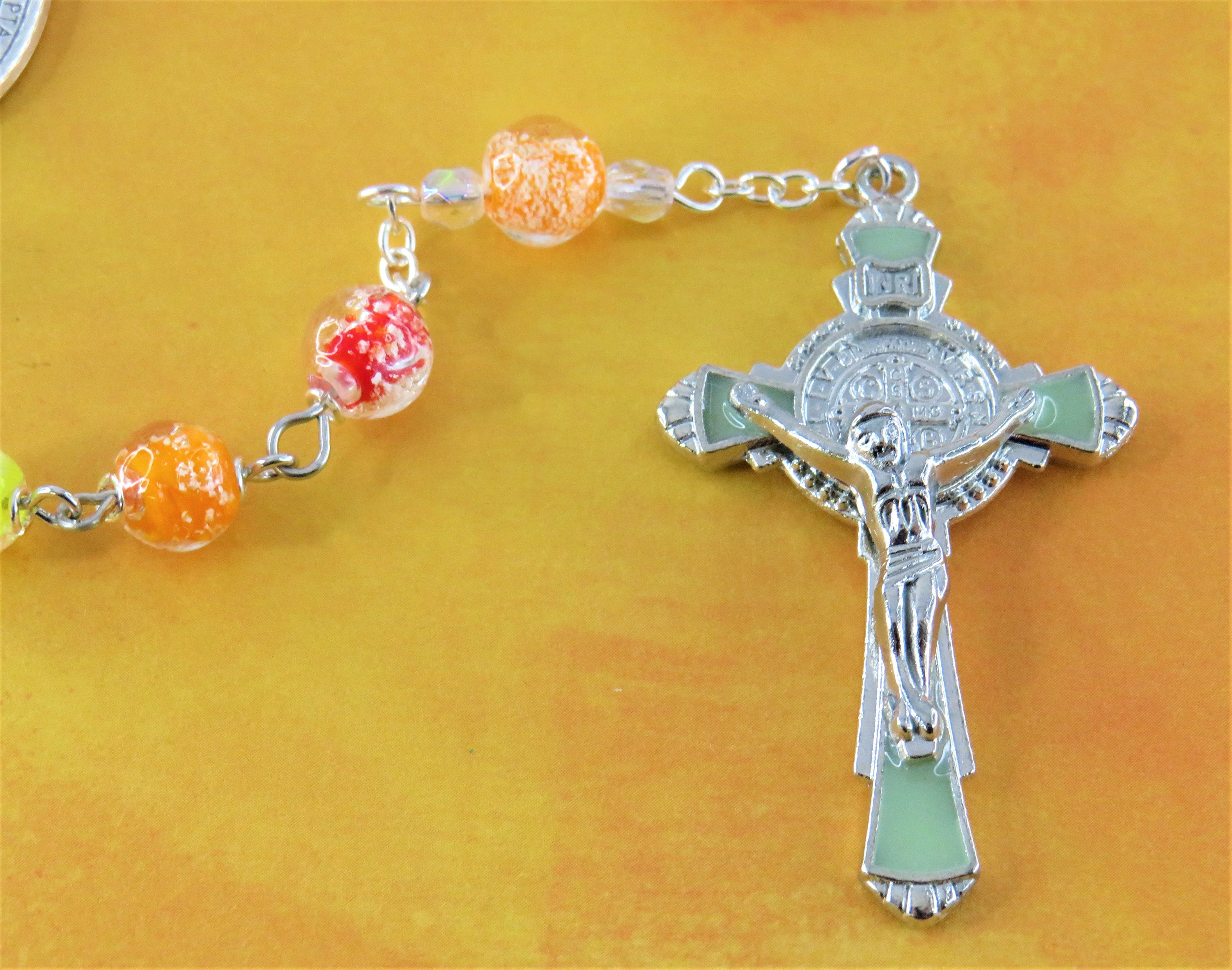 Org, Red & Yellow Glass Glow In The Dark Rosary Glow in the Dark Org