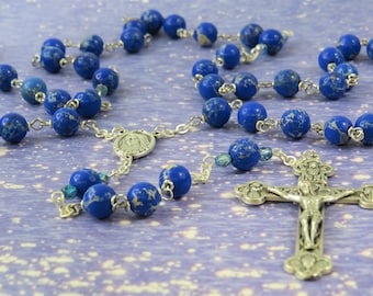 Blue Sea Jasper Rosary - Apatite Blue Sea Sediment Imperial Jasper Gemstone Beads -Lady of Medjugorje with Earth Center-Eucharistic Crucifix
