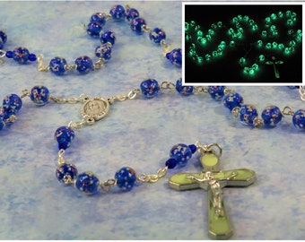 Royal Blue Glass "Glow in the Dark" Rosary - Royal Blue Glow in The Dark Glass Beads -OL of Medjugorje with Earth Center - Luminous Crucifix