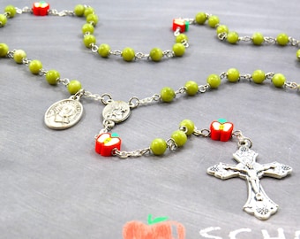 Teacher Rosary - S/P Olive Green Jade Beads - Polymer Apple Beads - OL of Sorrows Center -Italian Crucifix-St John Baptist De La Salle Medal