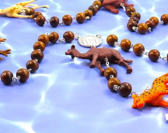 Noah's Ark Rosary - Rosewood 9-10mm Wood Beads - Acrylic Animal Beads - Italian Shroud of Turin "The Holy Face of Christ" Center & Crucifix