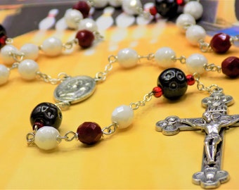 Bowling Ball Rosary - Czech White and Red Glass Beads - Ceramic Bowling Balls - Italian Saint Sebastian Center -Italian Eucharistic Crucifix