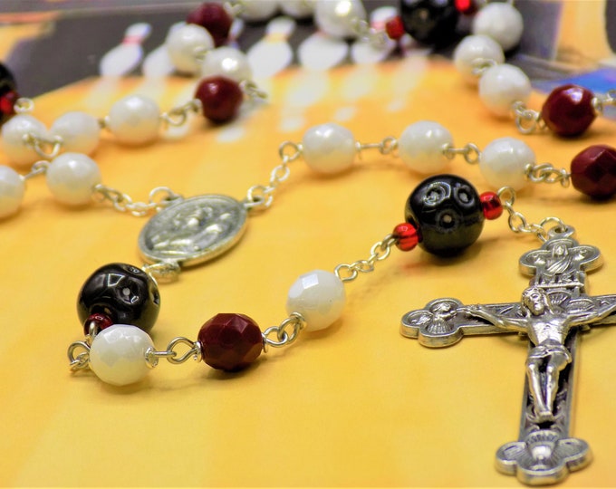 Bowling Ball Rosary - Czech White and Red Glass Beads - Ceramic Bowling Balls - Italian Saint Sebastian Center -Italian Eucharistic Crucifix