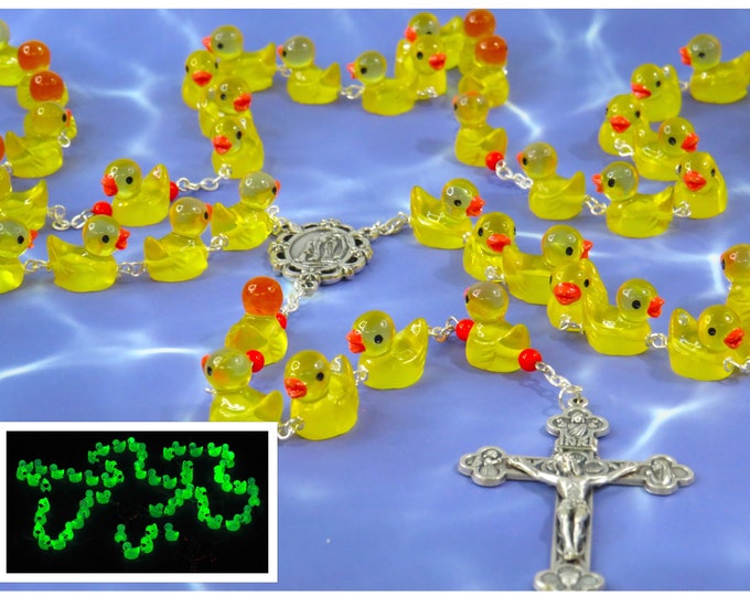 Ducky Rosary - Glows in the Dark - Hand-Painted Duck Beads - Orange Beads - Italian Our Lady of Lourdes Center -Italian Eucharistic Crucifix