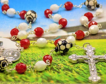 Red & White Soccer Rosary - Czech Red and White Glass Beads - Ceramic Soccer Balls -Italian St Sebastian Center-Italian Eucharistic Crucifix