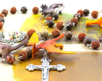 Dinosaur Rosary - Brown Lava Gemstone & Leopard Jasper Beads -Textured Dinosaur Beads -Virgin Most Pure Center -Italian Eucharistic Crucifix