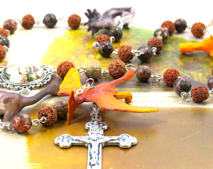 Dinosaur Rosary - Brown Lava Gemstone & Leopard Jasper Beads -Textured Dinosaur Beads -Virgin Most Pure Center -Italian Eucharistic Crucifix
