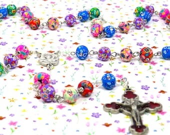 Hawaiian Flower Garden Rosary - Multi Color Hawaiian Flower Polymer Clay Beads - Italian Rose and Mary Center - Italian Rose Flower Crucifix