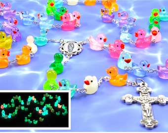 Ducky Rosary - Glows in the Dark - Multi Color Hand-Painted Duck Beads - Italian Our Lady of Guadalupe Center - Italian Eucharistic Crucifix