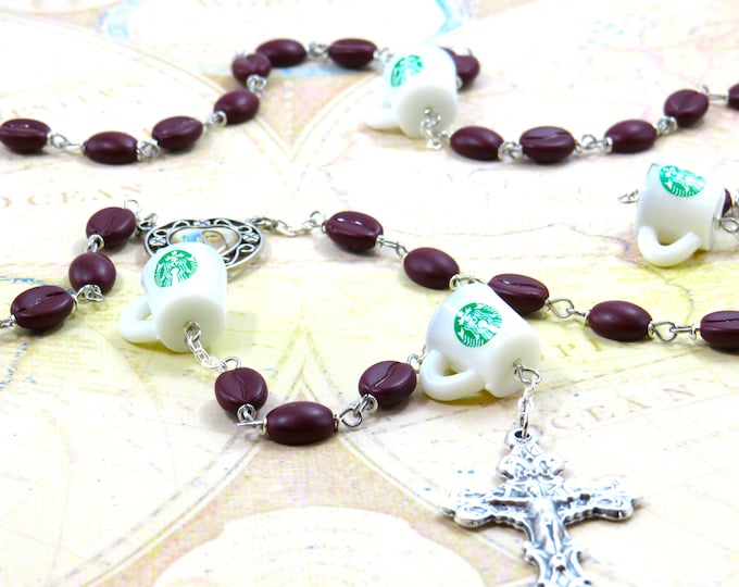 Coffee Bean & Cup Rosary - Czech Coffee Bean Glass Beads - Resin Coffee Cup Beads -  Our Lady of Medugorje Center- Italian Filigree Crucifix