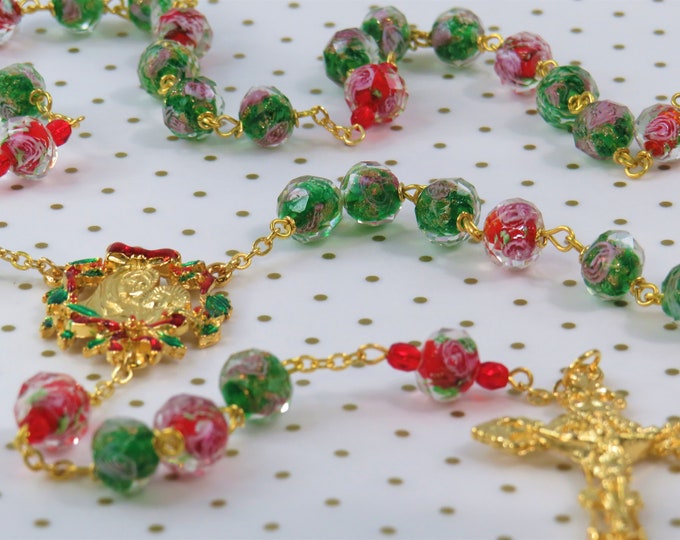 Christmas Rosary - Faceted Green & Red Rose Flower and Glitter Handmade Lamp Glass Beads - Christmas Red and Green Center -Filigree Crucifix