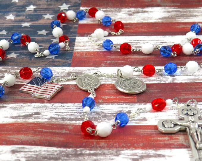 Proud to be American Rosary - Czech Red, White and Blue Crystal Beads - US Flag Charm - St Michael Center - Proud To Be American Charm