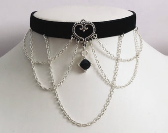 Gothic Choker Black Gem Chains Velvet Necklace Halloween Collar