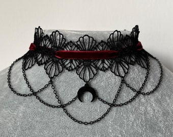 Red Gothic Choker Black Moon Choker Necklace Collar