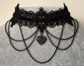 Purple Gothic Choker Heart Choker Lace Necklace Collar