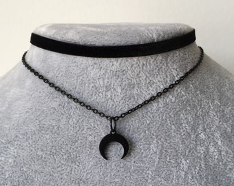 Girocollo gotico Moon Black Grunge Chain Velvet Black Emo Collana Collare Gioielli