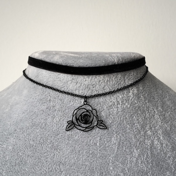 Black rose Choker Black Rose Grunge Necklace Velvet Emo Collar Jewelry