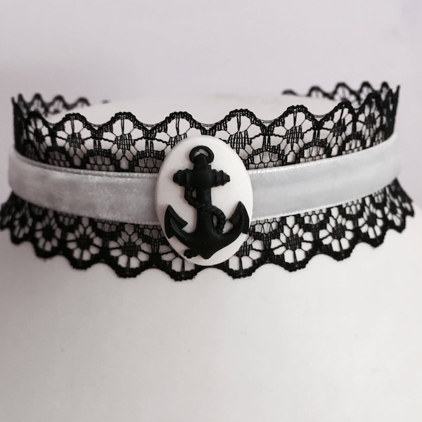 Anchor cameo gothic choker necklace  white black pirate collar lace velvet french maid cosplay