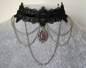 Black Gothic Choker Amethyst Choker Stone Choker Lace Chains Necklace Jewelry