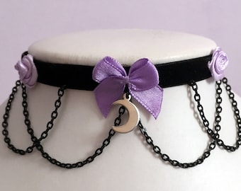 Pastel Goth Choker Lilac Moon Roses Bell Chains Bow Lolita Black Velvet Necklace Collar Jewelry