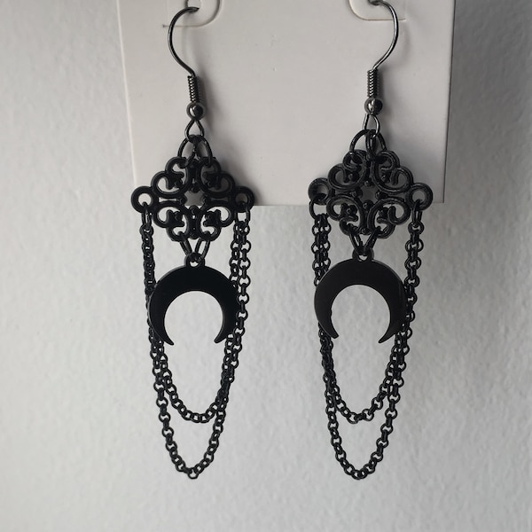 Black Moon Earrings Gothic Earrings Long Dangly Witchy