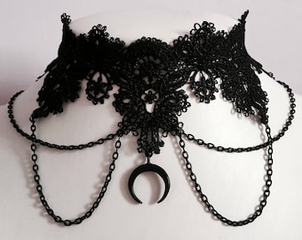 Black Gothic Choker Crescent Moon Lace Horn Chains Venice Necklace Halloween Collar