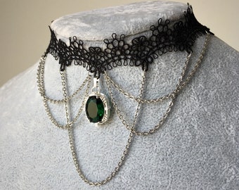 Smaragd Gothic Choker Halskette Grün Smaragd Halskette Gem Black Lace Schmuck