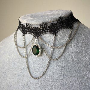 Emerald Gothic Choker Necklace Green Emerald Necklace Gem Black Lace Jewelry