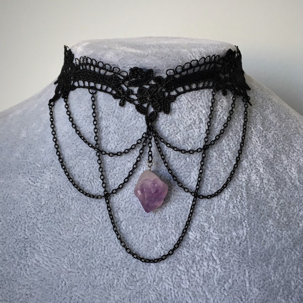 Amethyst Choker Black Gothic Choker Gem Choker Lace Chains Necklace Jewelry Halloween